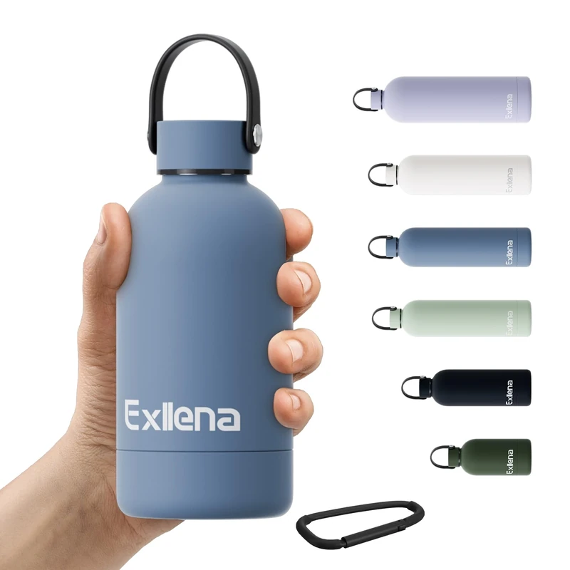 Exllena Trinkflasche Klein 350ml mit Griff & Karabiner–Edelstahl Trinkflasche 350ml, 100% auslaufsicher und BPA-frei, Mini Thermosflasche für Sport, Büro & Kinder (Walblau)