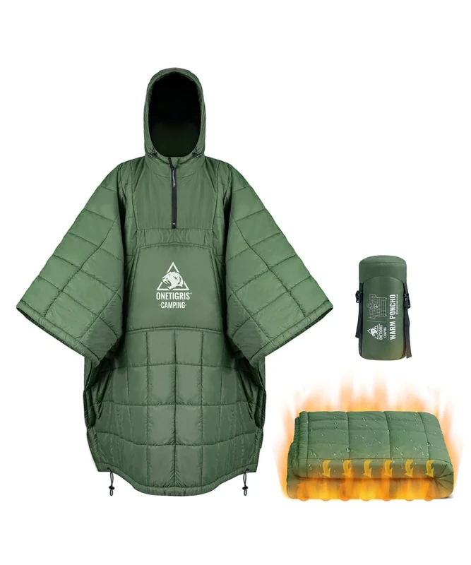 OneTigris Camping Poncho Decke mit 3M Thinsulate Isolierung, wasserdicht Decke warm, mit großen Taschen, tragbare Kapuzendecke für Outdoor, Wandern, Reise(Grün)