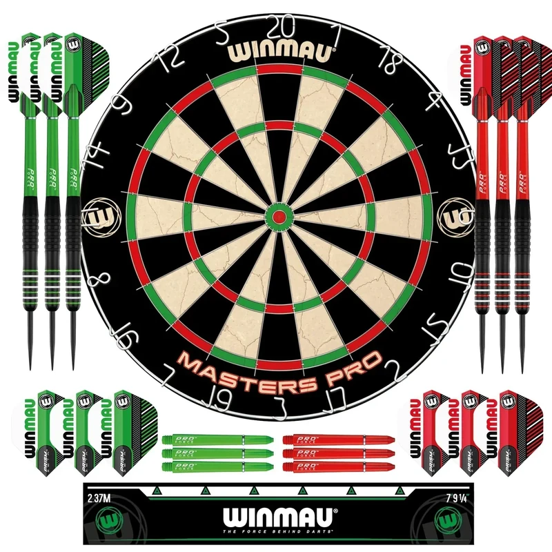 Winmau Masters Pro Dartscheibe mit Oche-Linie & 6 Steeldarts – PDC Steeldartscheibe, Hochdichte Sisal, Ultra-Dünnes Drahtsystem | Erhältlich als Einzel-Set oder Dartschrank-Set mit Dart Zubehör