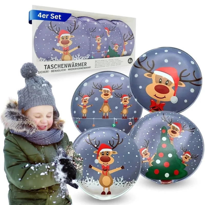 Lüttenburg 4er Set Taschenwärmer für Kinder Rentier Rudolph - Wiederverwendbare Handwärmer rund Geschenk für Weihnachten - weihnachtliche Taschenheizkissen ca. 9x9 cm - Adventskalender Befüllung