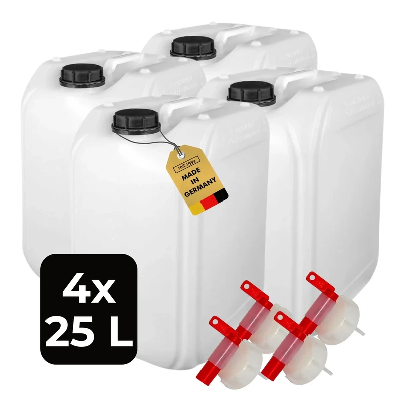 ABACUS® 4x 25 Liter Wasserkanister Natur | Chemiekanister | Auslaufhahn und Deckel (DIN 61) | Lebensmittelecht | Indoor und Outdoor | BPA Frei | Säurefest | Mit Skala zum Ablesen des Füllstands