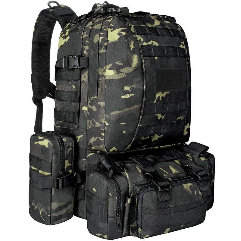 Wiserset Taktischer Rucksack, 60L Militär Armee Rucksack, großer Survival Molle Tagesrucksack für Herren und Frauen,abnehmbare Outdoor Tasche, Reiserucksäcke für EDC, Camping, Wandern, Jagen, Schwarz