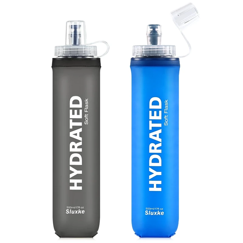 SLUXKE 500ml Faltbare Trinkflasche Set von 2, Faltbare Wasserflasche TPU Soft Flask, Leichte, Flexible, Rollbare, BPA FREIE Sportflasche zum Wandern Camping Fitness Klettern