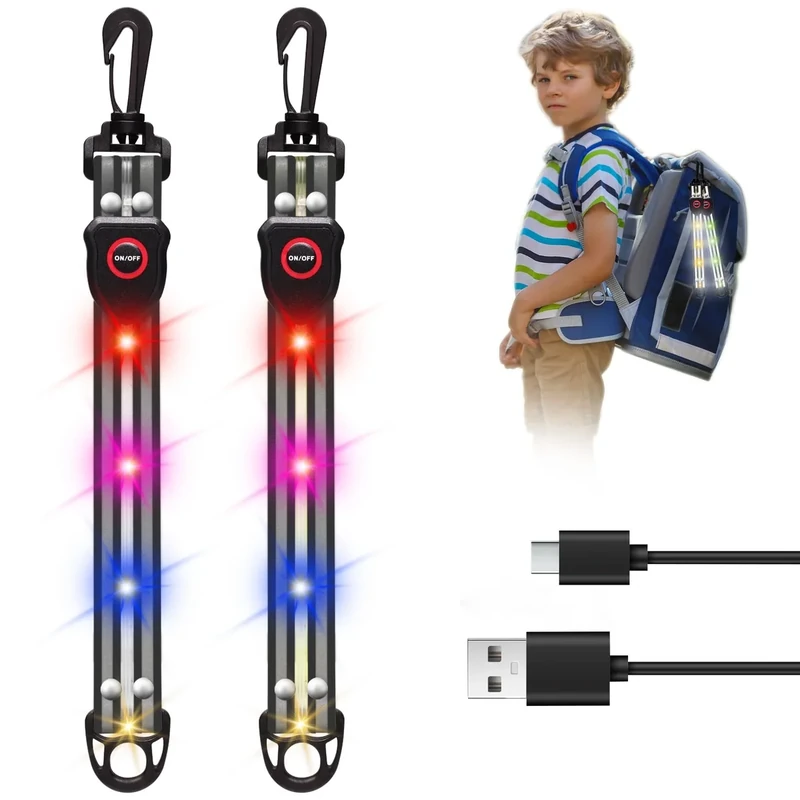LED Blinklicht Schulranzen - USB Aufladbar Sicherheit Licht für Kinder Schulranzen - 2 Stück Reflektor Reflektoren Anhänger für Rucksack Roller Kinderwagen (Schwarz)