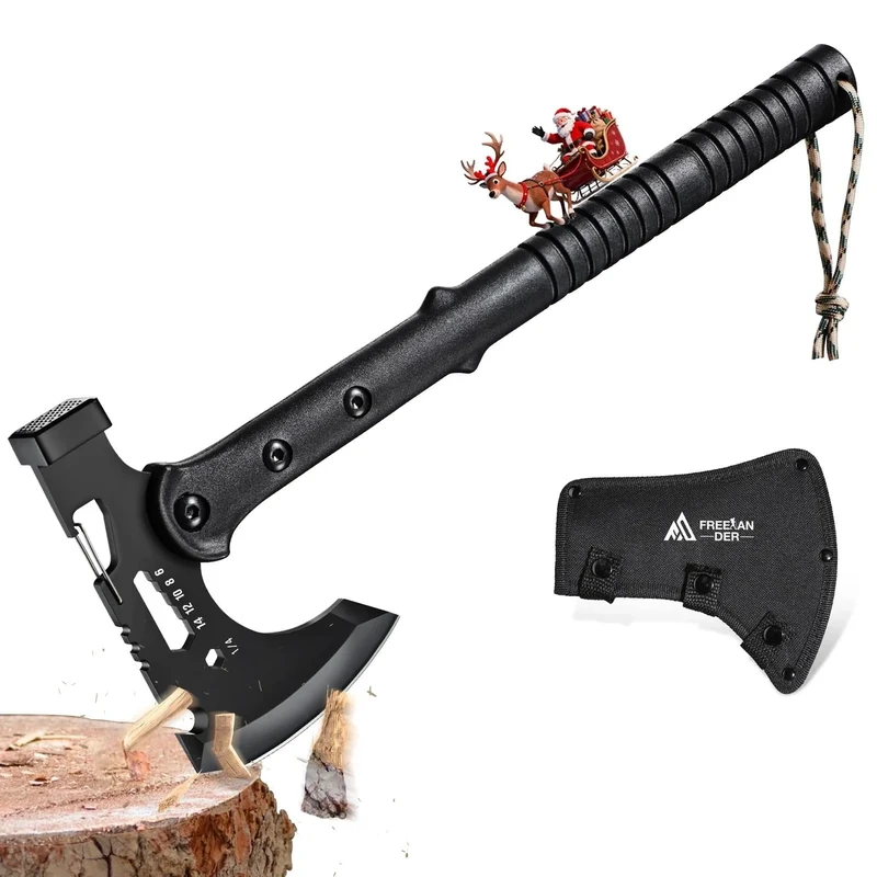 Freelander Outdoor Survival Axt Mit Hammer - Scharfe Camping Beil Mit Nylon Scheide, Holz Spalten Rutschfester ABS Griff, Bushcraft für Outdoor Abenteuer Camping, Geschenke für Männer