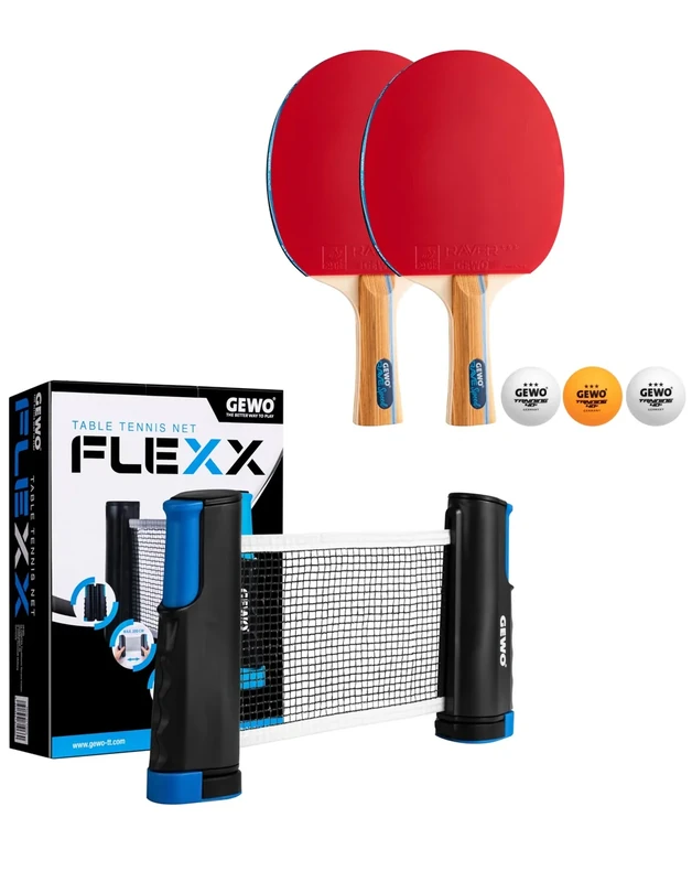 Bundle aus GEWO Table Tennis Net FleXX - Tischtennisnetz für Jeden Tisch + GEWO Rave Speed Tischtennisschläger Set -Tischtennisschläger mit 3 Bällen - Komplettschläger mit ITTF Belag
