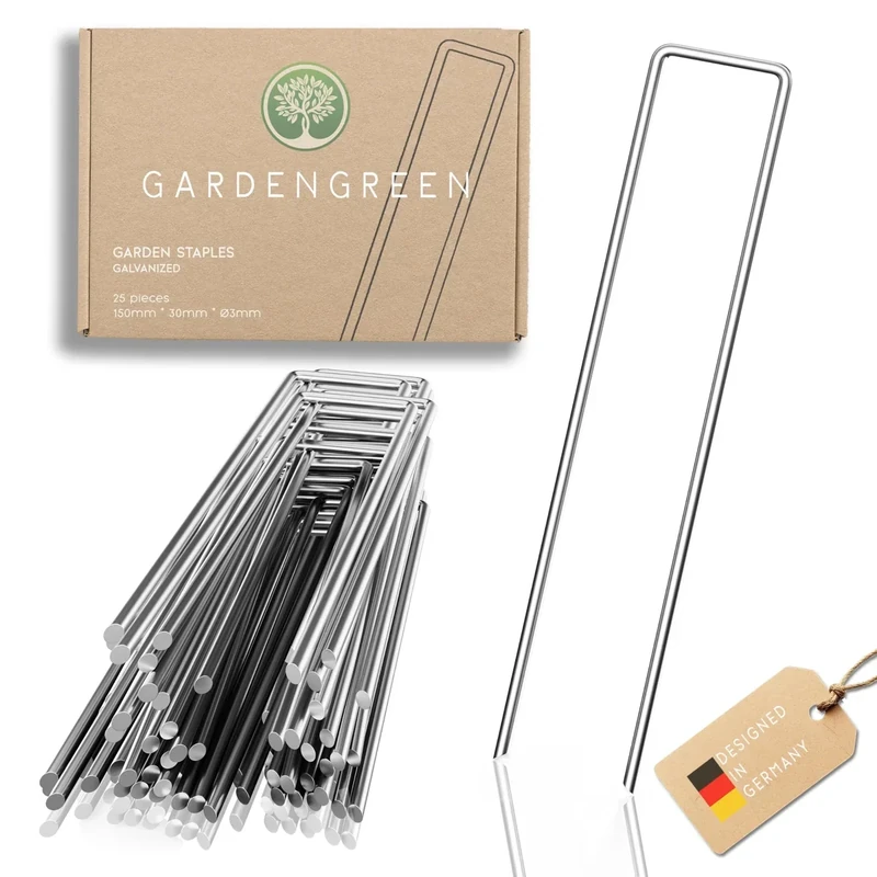 GardenGreen Anti-Rost Erdanker aus Stahl (25 Stück) - Stabile Bodenanker für Unkrautvlies, Gartenvlies, Zaun & Camping - 150 MM Lang, 30 MM Breit, Ø 3 MM