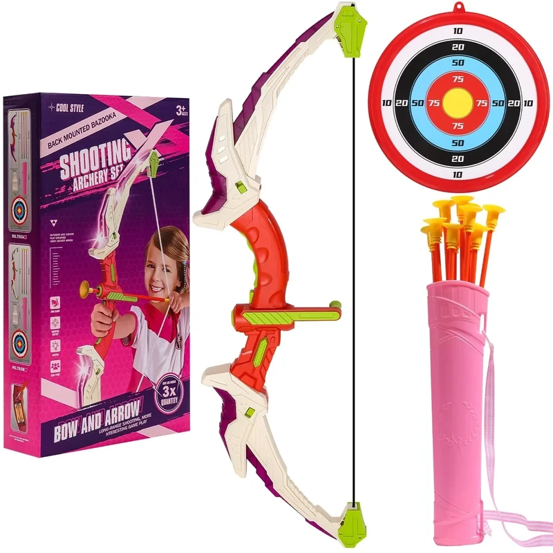 Beleuchtetes Bogenschießset für Kinder, Pfeil und Bogen Spielzeug Set mit LED-Leuchten für Kinder von 4-12 Jahren, 10 Saugnapfpfeilen, Zielscheibe und Köcher für Jungen und Mädchen (Pink)