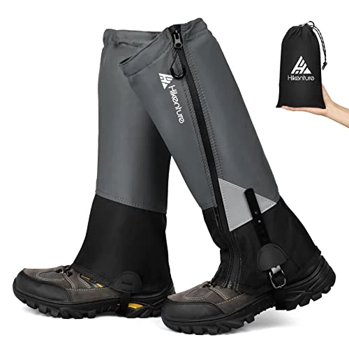 HIKENTURE Wandergamaschen für Männer & Frauen, verstellbarer Anti-Reiß-Beinschutz mit verbessertem Reißverschluss, wasserdichte Stiefelabdeckung, atmungsaktiv für Gehen, Jagd, Klettern (Grau, Medium)