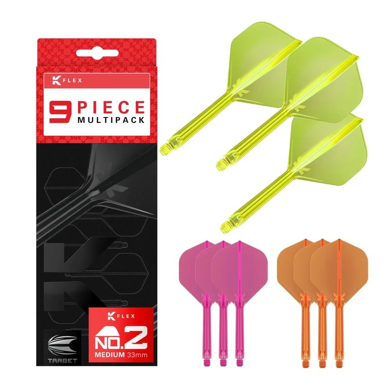 Target Darts K-Flex Integrated Dart Flights and Shafts, Stiel Medium Länge (33 mm), Nr. 2-Flug, 9er-Pack, Neonpink, Orange & Gelb