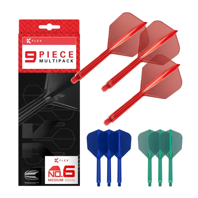 Target Darts K-Flex Integrated Dart Flights and Shafts, Stiel Medium Länge (33 mm), Nr. 6-Flug, 9er-Pack, Rot, Blau & Grün