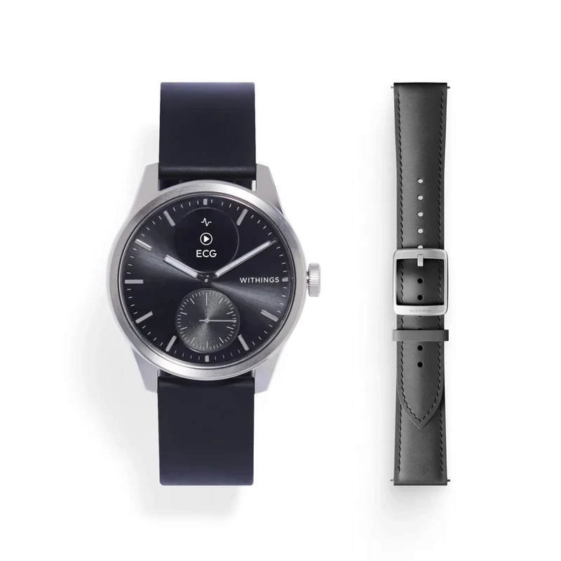 Withings Scanwatch 2 Bundle 42mm Black + Leather Curve Black Silver Buckle Wrist Band