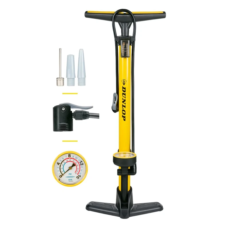 Dunlop Fahrradpumpe mit Manometer - Luftpumpe Fahrrad für Dunlop-, Schrader- und Französisches Ventil - Standluftpumpe inkl. Adapter für Wasserspielzeug und Bälle - Roller- und Autoreifen