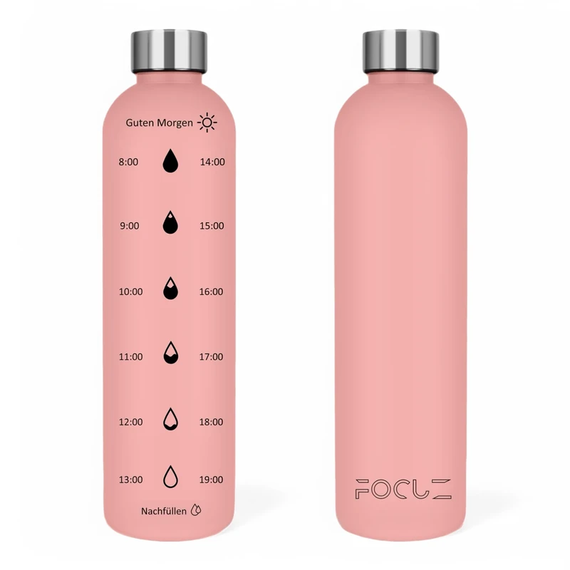 FOCUZ Motivational Bottle 1 L [Fire] mit motivierender Zeitmarkierung, Trinkflasche 1l, 1 Liter - auslaufsicher, BPA frei, spülmaschinenfest, Kohlensäure geeignet