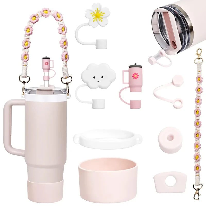 Orvilsen Stanley Zubehör Auslaufschutz Stanley Cup Zubehör Set Accessories Silicone Plug Straw Lid Handle Strap Boot for Stanley Cup 1.2 L and 850 ML 9-Piece（Rose Quartz）