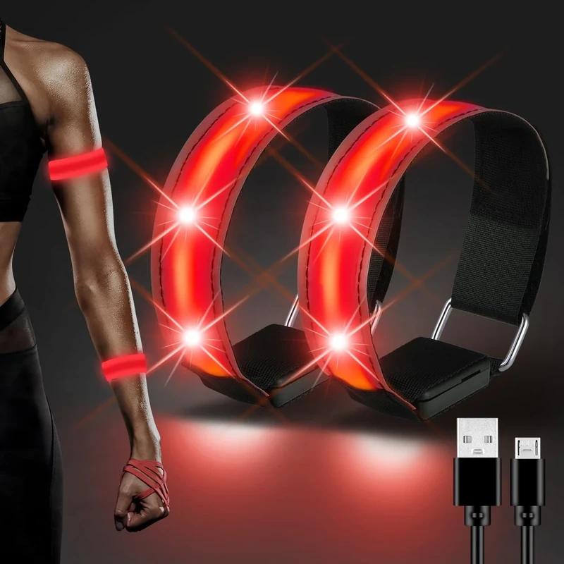JIZZU LED Armband Aufladbar, 2 Stück Wasserdicht LED Reflektorband, USB Leuchtarmbänder, LED Armband Leuchtband für Nachtlauf, Radfahren, Joggen, Hundewandern, Outdoor-Sport(Rot)
