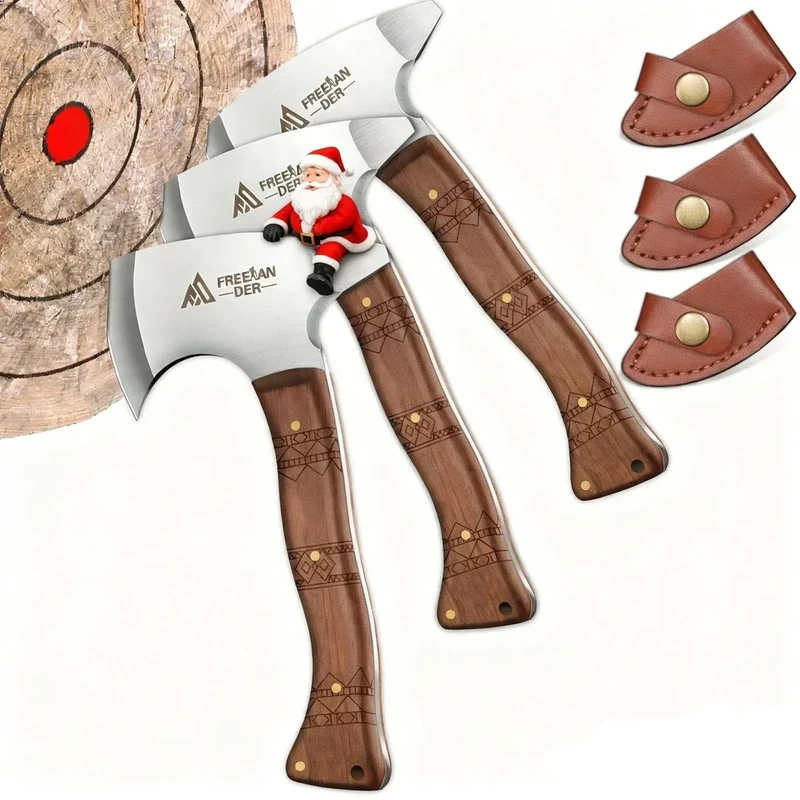 Freelander Beil Axt Set 3-teilig, 20CM Camping Beil Kleine Leichte, Full Tang Handbeil mit Scheide, Mini Wikinger Axt Klein Outdoor für Bushcraft