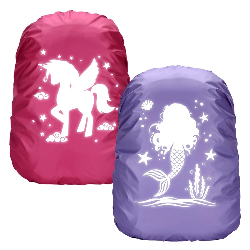 Byhsoep Regenüberzug Schulranzen Einhorn Dino Schmetterlinge Rucksack Regenschutz wasserdichte Regenhülle für Rucksack Überzug Reflektierend für Jungen Mädchen Schulanfänger (Rosenrot+Lila)