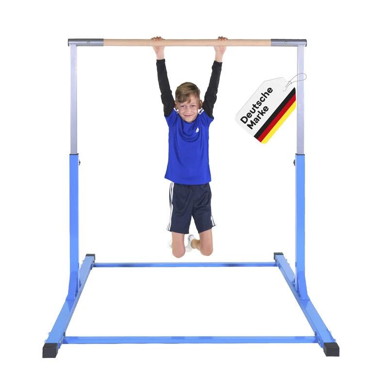 Müller & Blum Premium Turnreck für Kinder, höhenverstellbares Turngerät für Indoor & Outdoor, Turnstange aus Holz & stabile Stahlkonstruktion, 200 kg belastbar, Optional mit Matte (Ohne Matte, Blau)