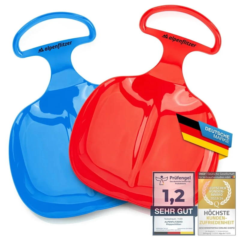 Alpenflitzer® 2 Stück Popo-Rutscher Bob; Schlitten mit Griff; Kinder Po-Rutscher Rodel Schneerutscher Bob Schneeflitzer zum Rodeln & Schlittenfahren 2er Set blau & rot