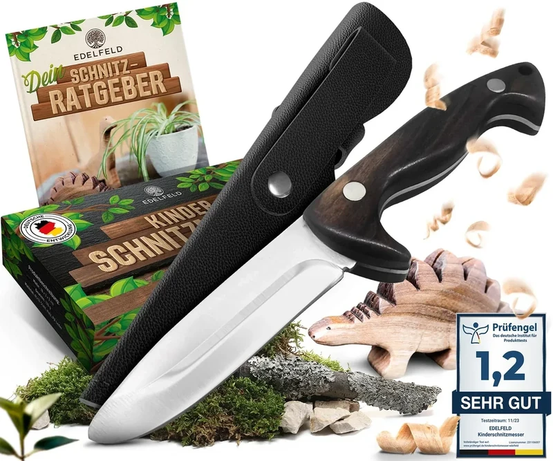 EDELFELD [Das Original - Schnitzmesser Kinder ab 6 Jahre - Sicheres Taschenmesser Kinder mit Fingerschutz - Schnitzmesser für Links- & Rechtshänder - Kinderschnitzmesser inkl. Scheide & Schnitzbuch