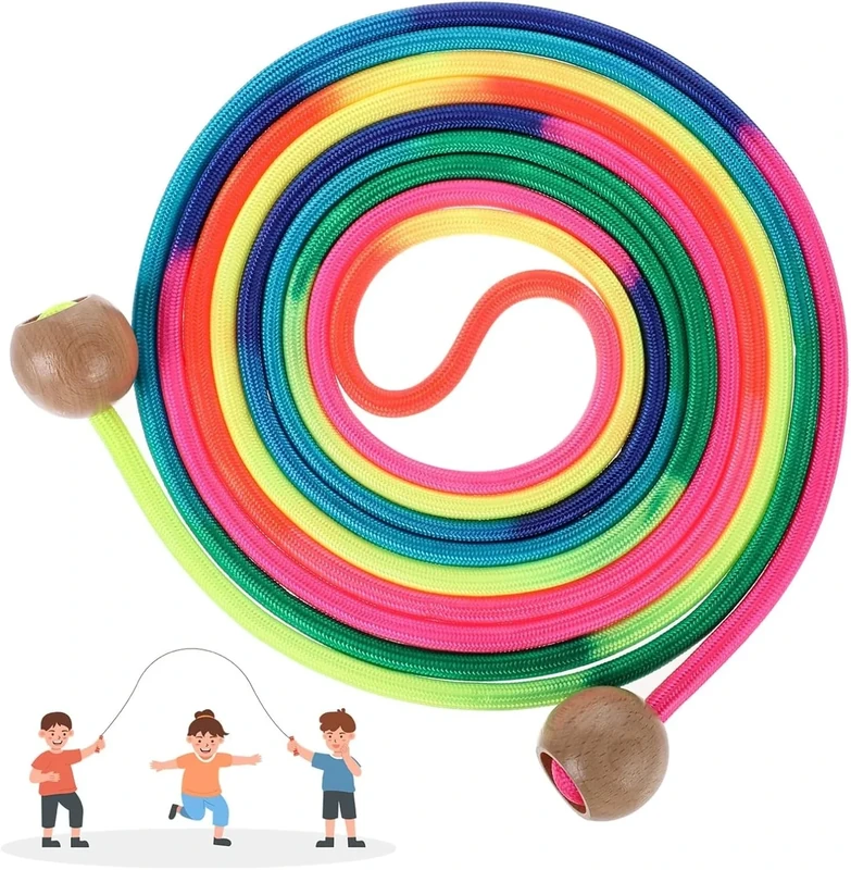 Springseil für Mehrspieler,5 Meter Springseil Kinder,Regenbogenfarben Jump Rope,Springseils Lang Mehrspringer Kinder mit Hölzerne Kugelgriff, Gruppen Seilspringen für Schule,Sport,Outdoor-Aktivitäten