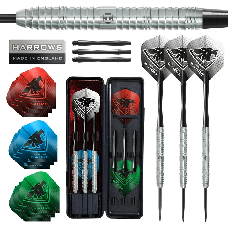 Harrows Sabre Dartpfeil-Set mit 90% Wolframstahlspitze, 21 g bis 26 g, alle Gewichte erhältlich, riesiges 16-teiliges Bündel mit Ersatzschäften, Prime Flights und Reiseetui (22 Grams)