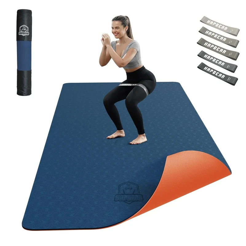 HAPBEAR Yogamatte XXL-183cmx91cmx6mm Dicke, Extra Groß Rutschfest Breit Yoga Matte, Gymnastikmatte Sportmatte Fitnessmatte,TPE Matte Trainingsmatte,Inklusive Resistance Bands & Tragetasche,Marineblau - Image 1