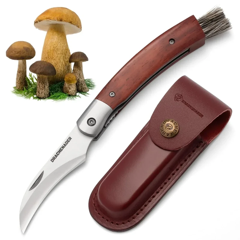 DRACHENADER N-1 Pilzmesser, Pilzmesser mit Bürste/Pinsel (integriert), Liner Lock, Lederscheide, Schwammerlmesser mit Holzgriff und Pilzbürste, Zweihandmesser