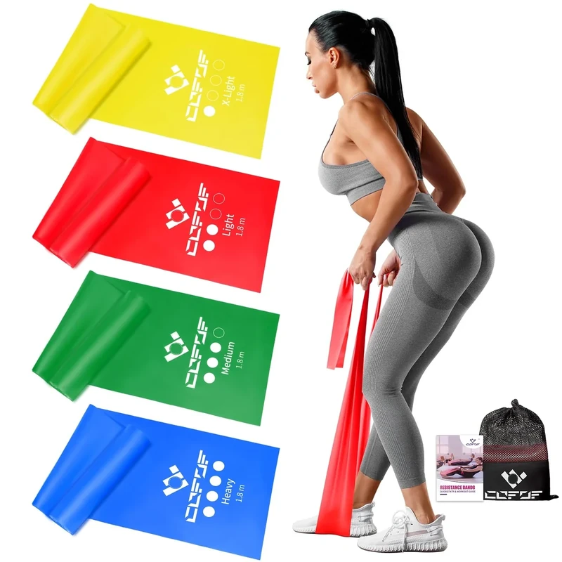 COFOF Fitnessbänder 4er-Set, Gymnastikband mit 4 Widerstandsstufen, Fitnessband mit Tragetasche & Übungsanleitung Geliefert Ideal für Yoga, Pilates(gelb, blau, grün, Rot)