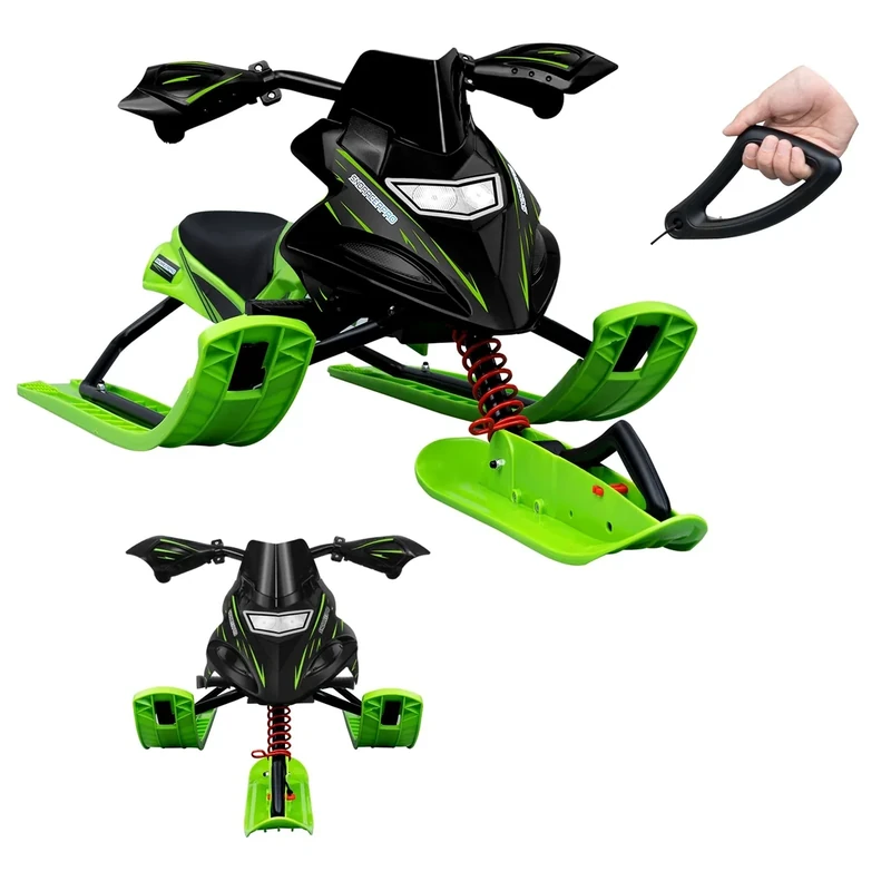 Laneetal Lenkschlitten für Kinder, Schlitten mit Fußbremsen, Bob Kinderschlitten, automatisches Zugseil, gepolsterter Sitz, Metallrahmen, 121x43x50 cm,Schwarz+Grün