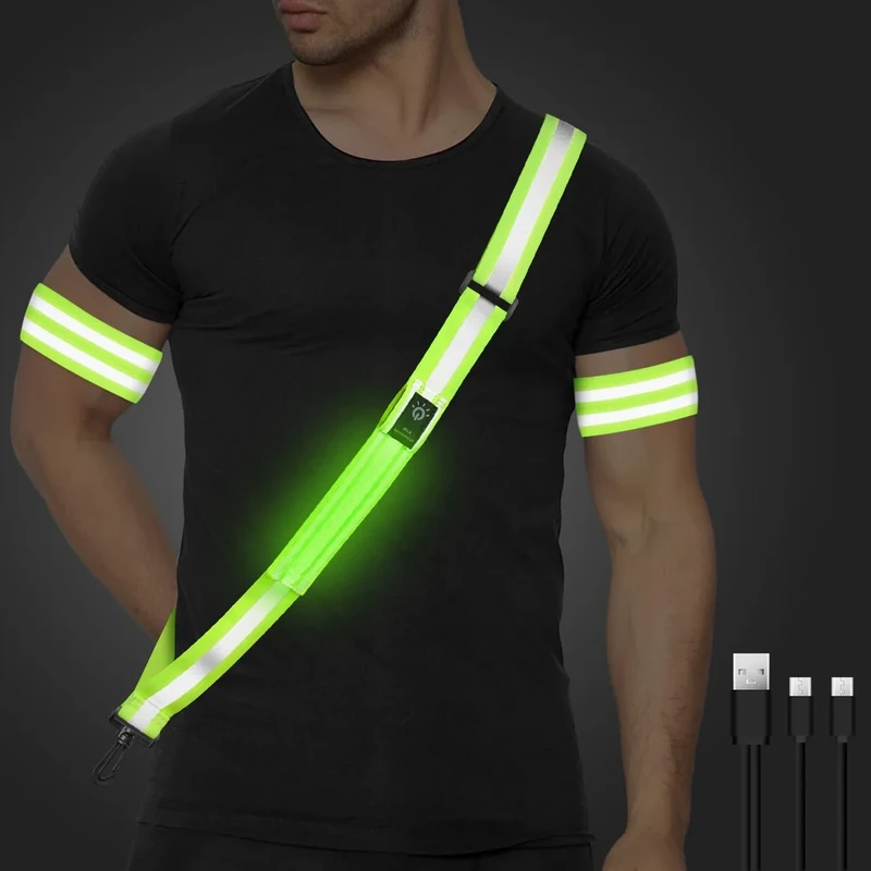 Ainiv Joggen mit LED Reflektoren Gürtel, Grün Hohe Sichtbarkeit Reflektierende Gürtelschärpe, USB Wiederaufladbares Wasserdichtes Nacht-Hunde-Spaziergänge Sicherheitslicht Laufausrüstung