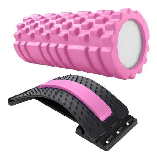 unycos Muskelmassagerolle (33 x 14 cm) + Rückendehnungsgerät, Lendenwirbelstütze, Therapie mit Schaumstoffroller, Fitness, Akupunktur, Selbstmassage und Schmerzlinderung (Rosa)