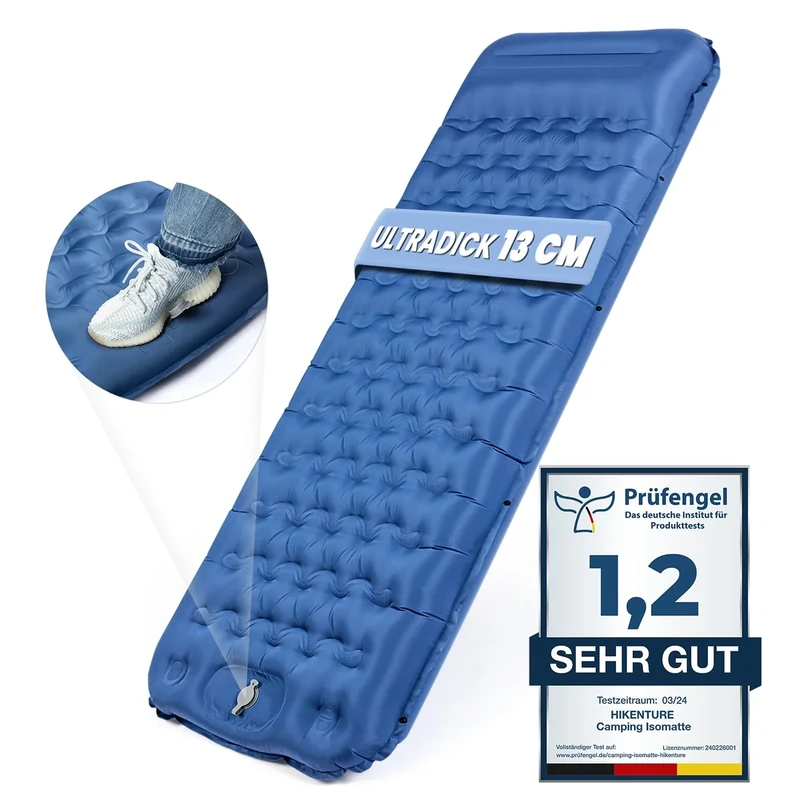 HIKENTURE Camping Isomatte, 13CM Ultradicke Isomatte Camping mit Kissen, Aufblasbare Luftmatratze Kleines Packmaß, Ultraleichte Schlafmatte mit Fußpumpe für Outdoor, Wandern, Zelt - Blau