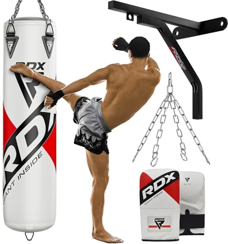 RDX Schwerer Boxsack Pro Training, 25 kg, vorgefüllt mit max. 50 kg Füllkapazität, 4-teiliges Boxsack-Set mit Handschuhen, Stahlkette, MMA, Kickboxen, Muay Thai, Karate, BJJ, Heim-Fitnessstudio