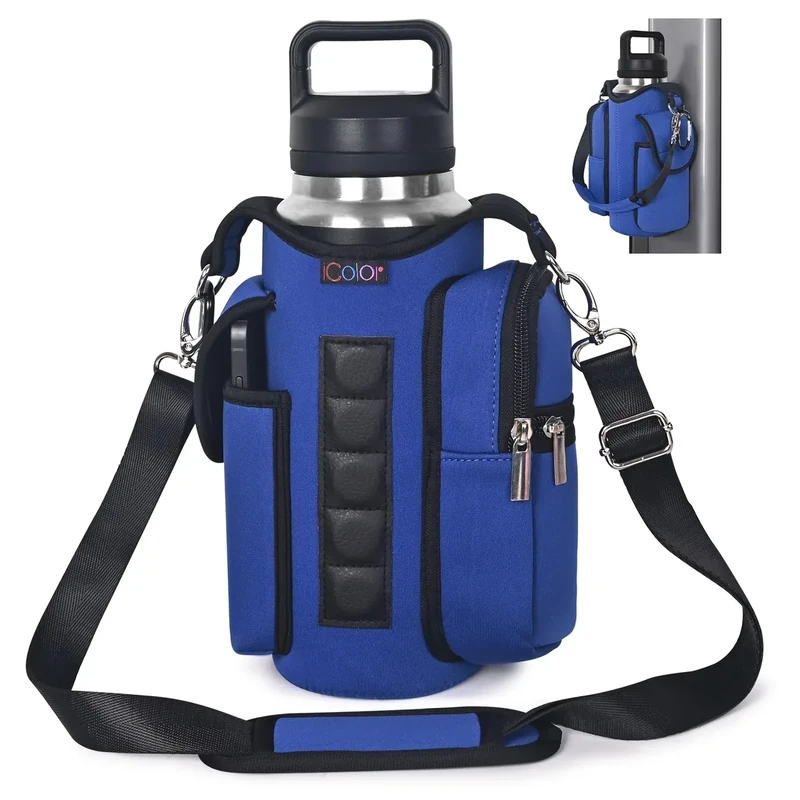 icolor Magnetische Wasserflasche Tasche Gym Magnetischer Tasche mit Handyfächern Magnetische Flaschenhalter Träger Sport Fitnessstudio Magnetischer Turnbeutel (Neopren, Blau)