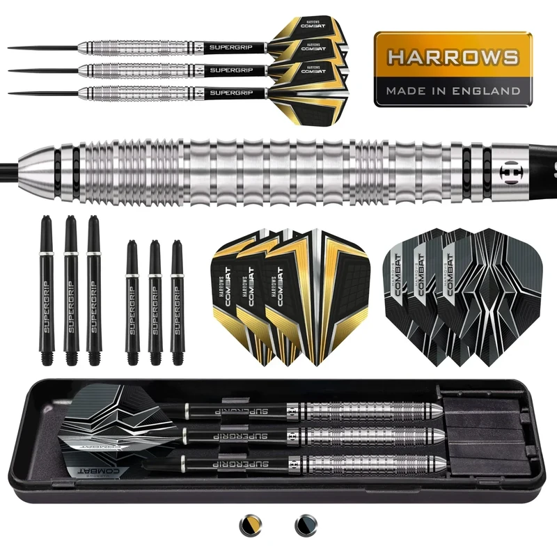 Harrows Combat Dartpfeil-Set mit 90% Wolframstahlspitze, 21 g bis 30 g, alle Gewichte erhältlich, riesiges 17-teiliges Paket mit Ersatzschäften, Prime Flights und Reiseetui (22 Grams)