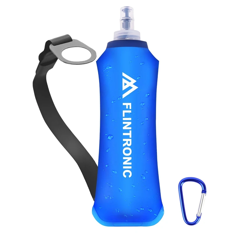 flintronic TPU Faltbarer Trinkflaschen, 500ml Soft Flask mit Handschlaufe und Karabiner, BPA-Frei Sportflasche für Trinkrucksack, Fahrrad, Wandern, Joggen,Camping (Blau)
