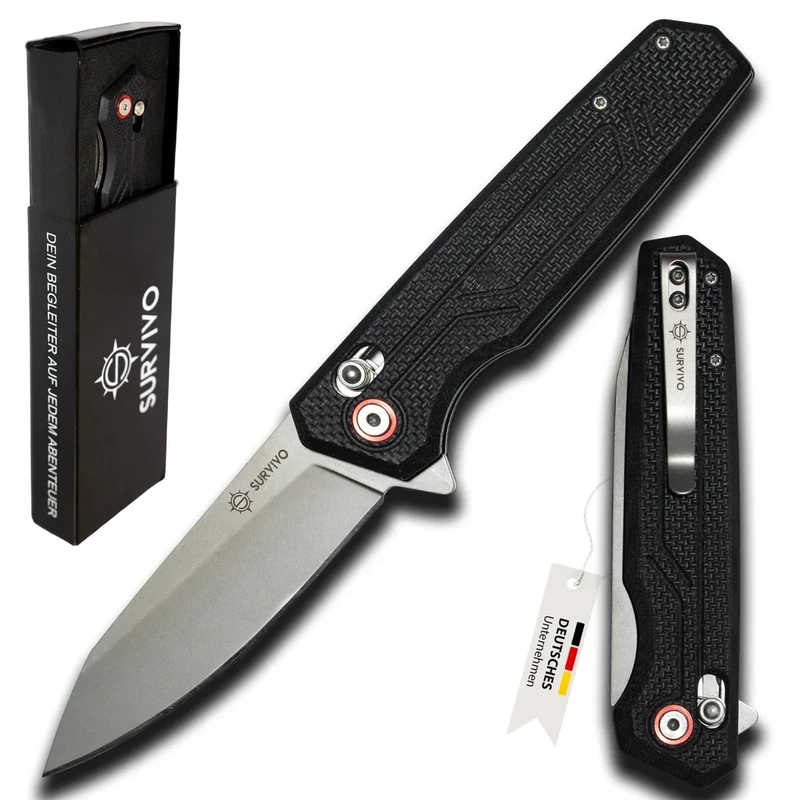 SK1 Klappmesser - Taschenmesser aus D2-Stahl mit Titan-Beschichtung & G10 Griff - Outdoor Einhandmesser für Survival, EDC, Alltag & Abenteuer - (G10 Schwarz)