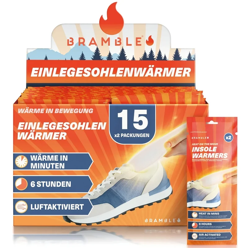 Bramble – Fußsohlenwärmer (15 Paar, 30 insgesamt) – Vollflächige Fußwärmsohlen für Schuhe und Stiefel – Luftaktiviert und geruchsfrei – Bis zu 10 Stunden Wärme