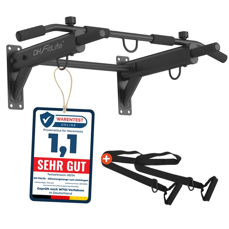 DH FitLife 4in1 Klimmzugstange Wand zur Wandmontage mit Spreizdübel, Multifunktionale Pull-Up Bar für Zuhause bis 200kg | 6 rutschfeste Griffe | 3 Öse für Boxsack & Schlingentrainer | Sicher & Stabil
