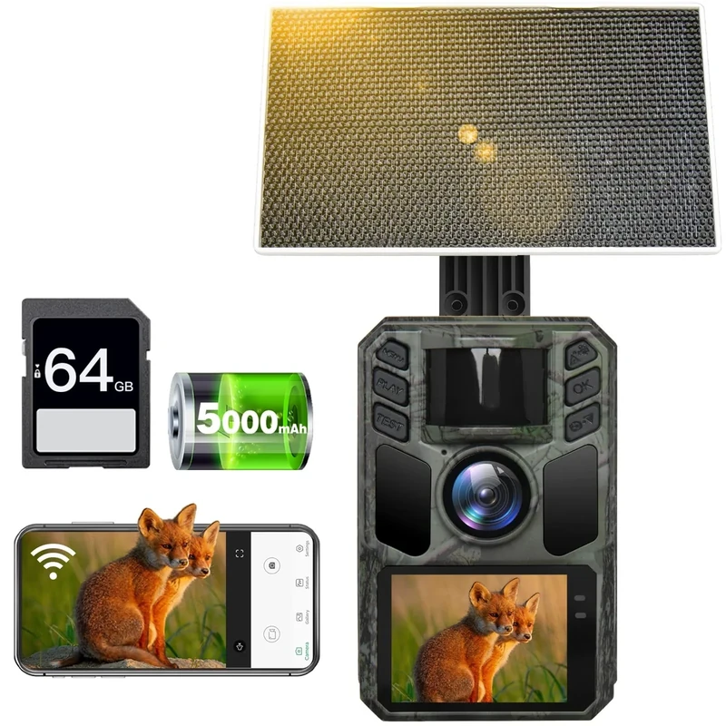 FKPCAM Wildkamera Solar WLAN mit Handyübertragung App, 4K HD Video 64MP Eingebaute 5000mAh Lithium-Batterie, Wildkamera Nachtsicht, 0.1s Auslöser Bewegungsaktiviert, IP67 Wasserdicht 130° Weitwinkel