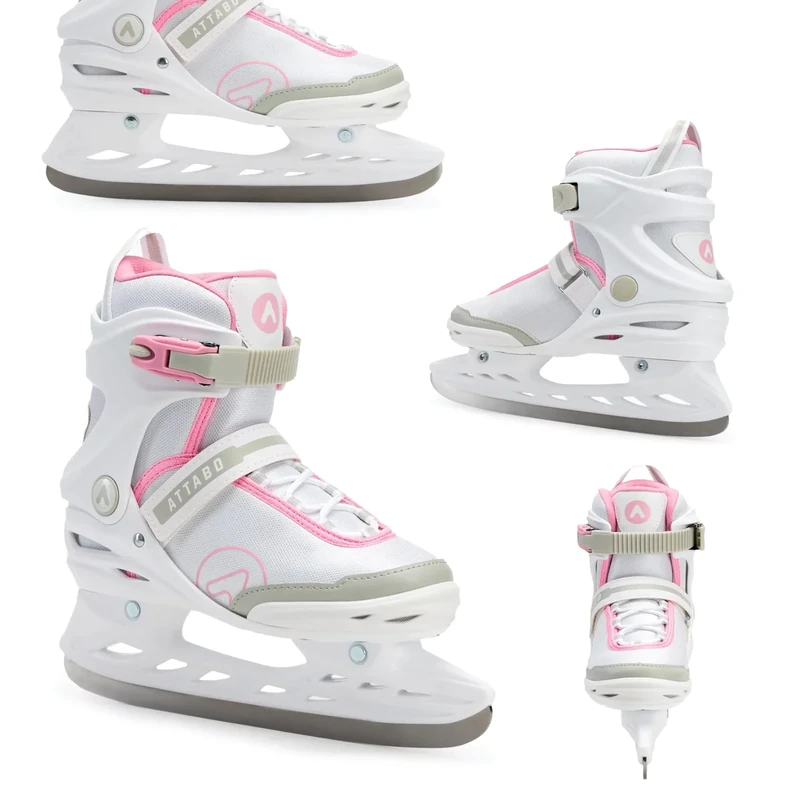 ATTABO Freizeit Schlittschuhe Damen TORA Weiß Größe 41 EU Anfänger Schlittschuhe Schnalle und Klettverschluss Starker Knöchelschutz Langlebige Edelstahlkufe Elegant und Klassisch