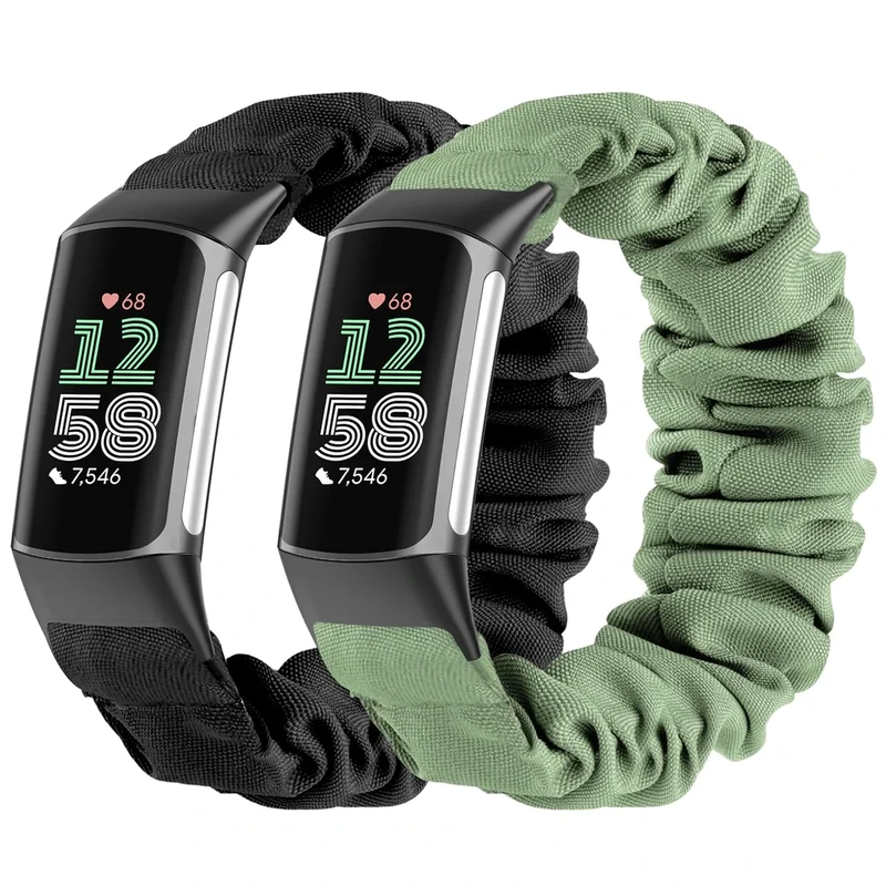 Wizvv 2 Stück Scrunchie Armband kompatibel mit Fitbit Charge 5/Fitbit Charge 6 Armband für Damen Herren, atmungsaktives Dehnbarer Nylon Ersatzarmband für Charge 5/Charge 6