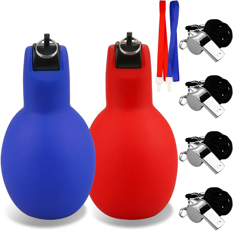 benlidoner 2 Stück Handpfeife mit 4 Stück Edelstahl Sportpfeifen Laute Signalpfeife Notfallpfeife mit Umhängeband Hand Squeeze Whistles fur Schulsport Trainer Schiedsrichter Sportlehrer Hundetrain