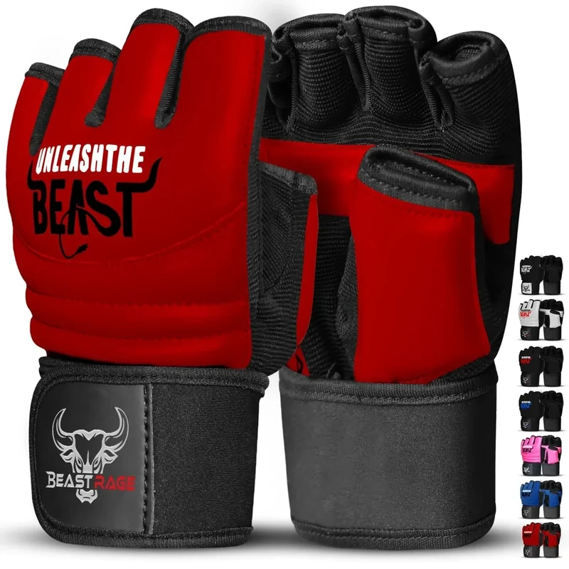 BEAST RAGE MMA Boxhandschuhe Karate Mitts Handschuhe für Männer und Frauen, Punch Bag Taekwondo Half Finger Kickboxing Sparring Martial Arts Boxing Training Gloves (Rot, L)