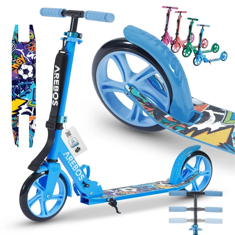 Arebos Cityroller Tretroller Blau Scooter höhenverstellbar | klappbar | inkl. Traggurt | XXL Räder | Tritt-Bremse | für Kinder und Erwachsene | bis 100kg belastbar | Kickroller | Kickscooter