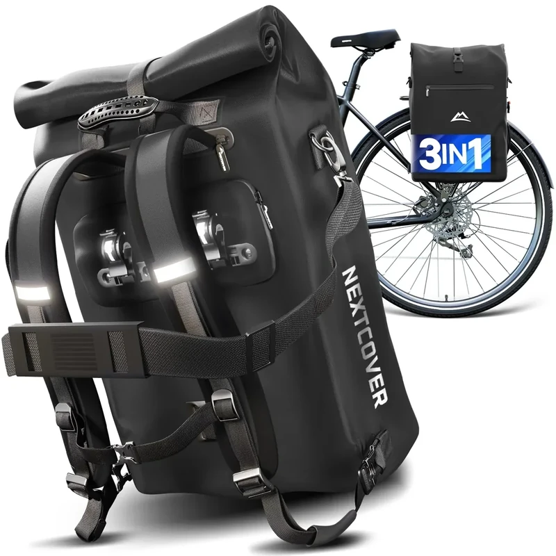 NEXTCOVER® NEU 3in1 Fahrradtasche für Gepäckträger [PVC frei] - Gepäckträgertasche, Fahrradtasche Rucksack und Umhängetasche 25L I Fahrrad Tasche wasserdicht, Fahrradtaschen Gepäckträger (Schwarzgrau)