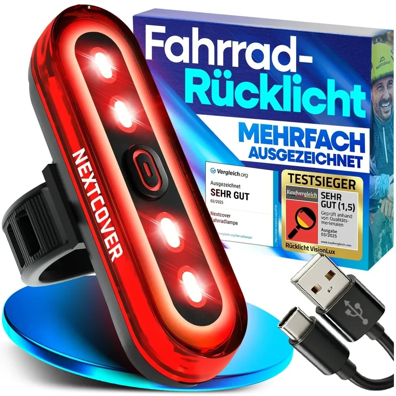 NEXTCOVER® Rücklicht Fahrrad mit [VisionLux] LEDs und Bremslicht I StVZO zugelassen I LED Fahrradrücklicht mit 8 Stunden Akku I Fahrradlicht hinten für Rennrad, E-Bike, Fahrrad Rücklicht blinkend