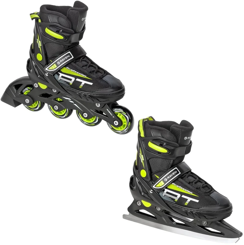 RAVEN Profession 2in1 Schlittschuhe Inlineskates Inliner für Kinder und Erwachsene verstellbar (Black/Lime, 28-32 (18,5-21cm))